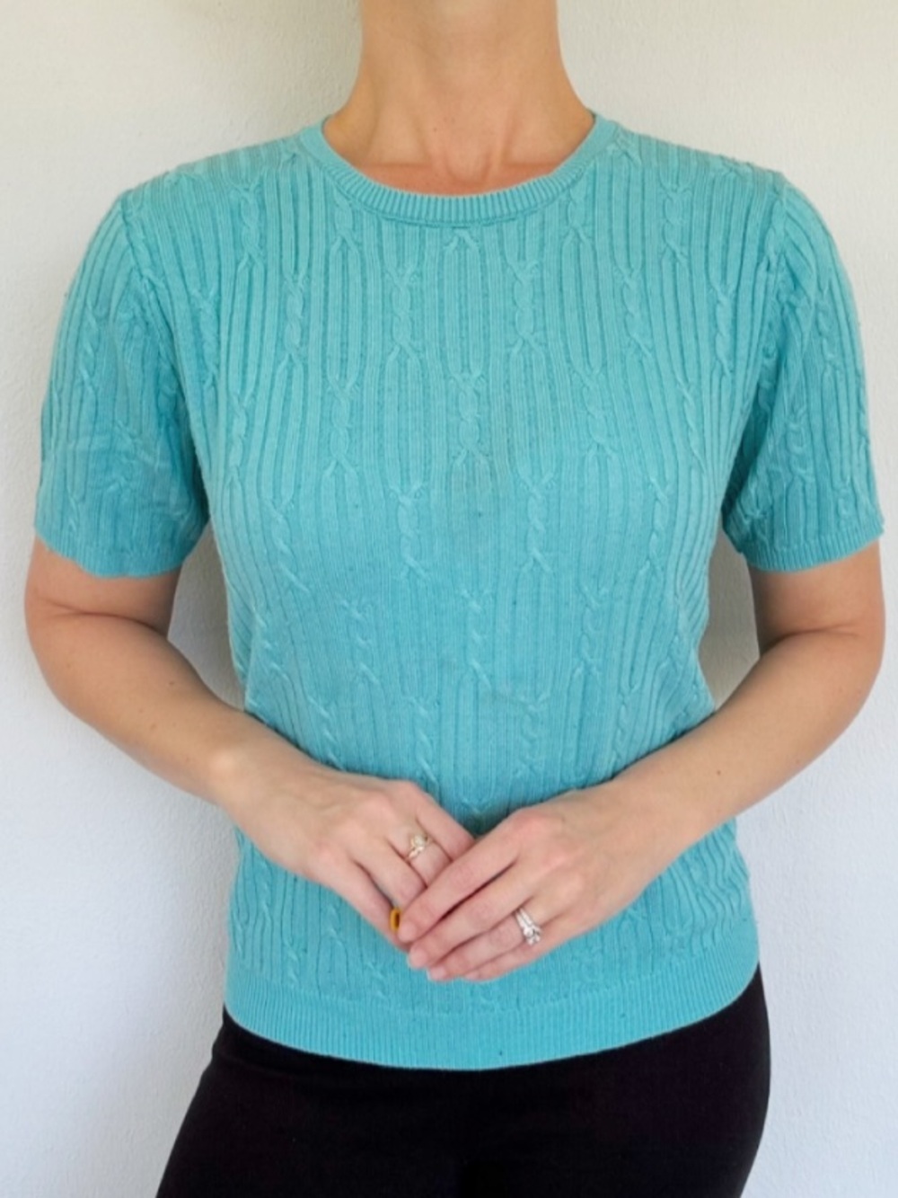 Alfred Dunner Petite teal blue cable knit lightweight short sleeve sweater small